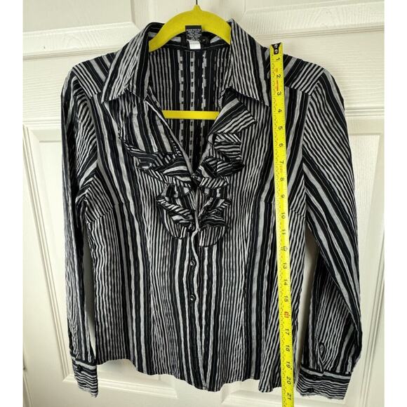 Spense Ruffled Collared Striped Shirt Black Gray cottagecore coquettish M 50-26 - Picture 10 of 15
